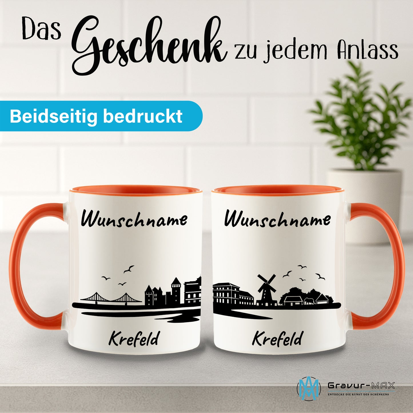 Tasse in Orange 330ml bedruckt mit der Skyline von Krefeld personalisierbar mit Wunschname