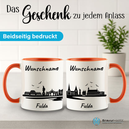 Tasse in Orange 330ml bedruckt mit der Skyline von Fulda personalisierbar mit Wunschname