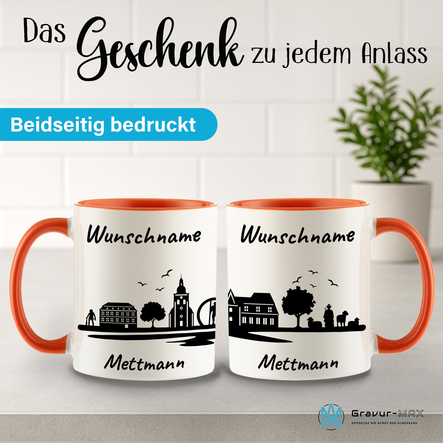 Tasse in Orange 330ml bedruckt mit der Skyline von Mettmann personalisierbar mit Wunschname