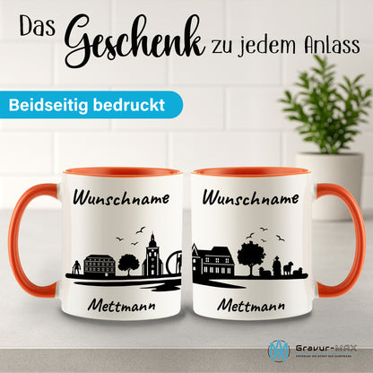 Tasse in Orange 330ml bedruckt mit der Skyline von Mettmann personalisierbar mit Wunschname