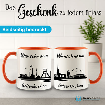 Tasse in Orange 330ml bedruckt mit der Skyline von Gelsenkirchen personalisierbar mit Wunschname