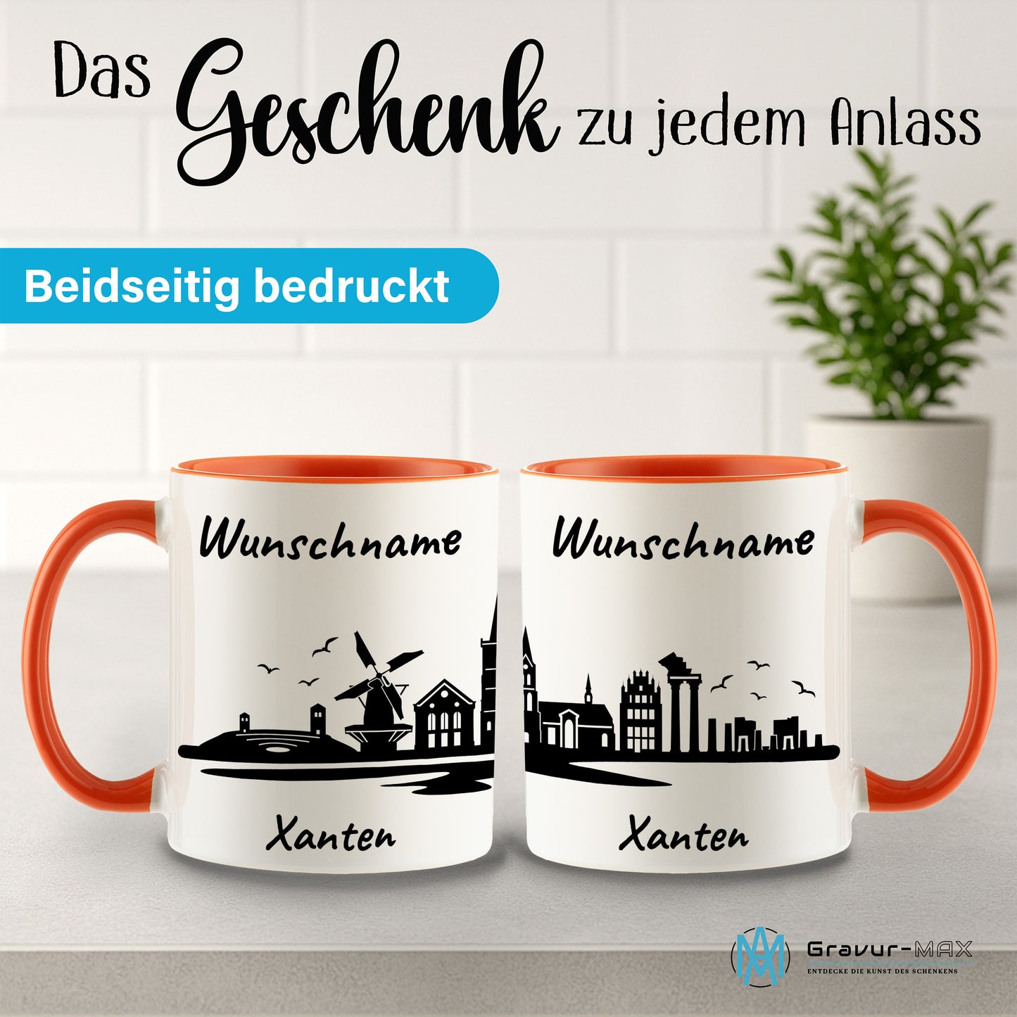 Tasse in Orange 330ml bedruckt mit der Skyline von Xanten personalisierbar mit Wunschname