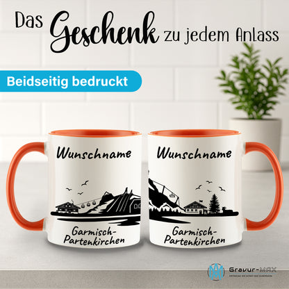 Tasse in Orange 330ml bedruckt mit der Skyline von Garmisch-Partenkirchen personalisierbar mit Wunschname