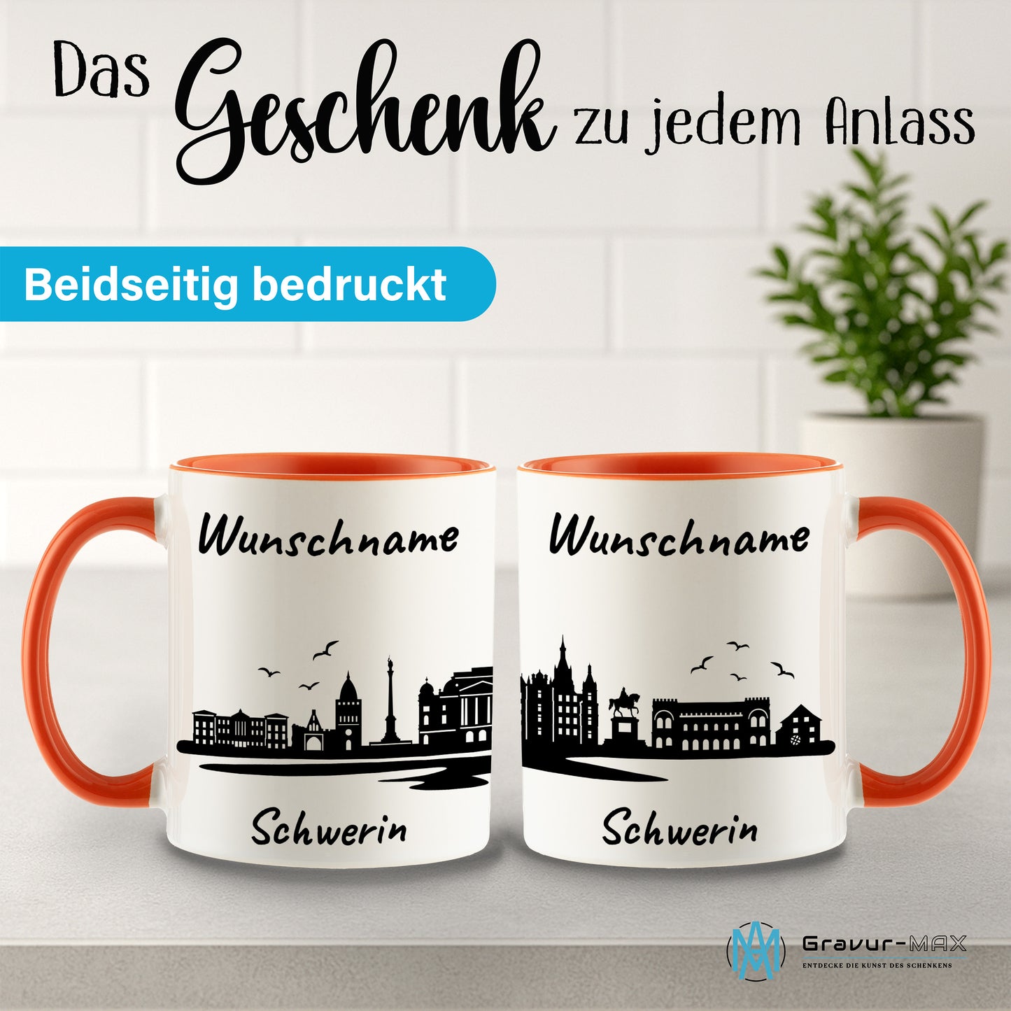 Tasse in Orange 330ml bedruckt mit der Skyline von Schwerin personalisierbar mit Wunschname