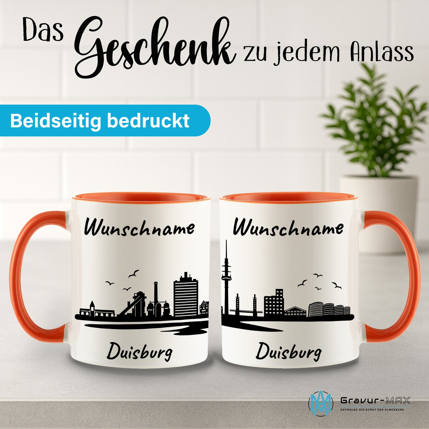 Tasse in Orange 330ml bedruckt mit der Skyline von Duisburg personalisierbar mit Wunschname