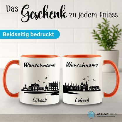 Tasse in Orange 330ml bedruckt mit der Skyline von Lübeck personalisierbar mit Wunschname