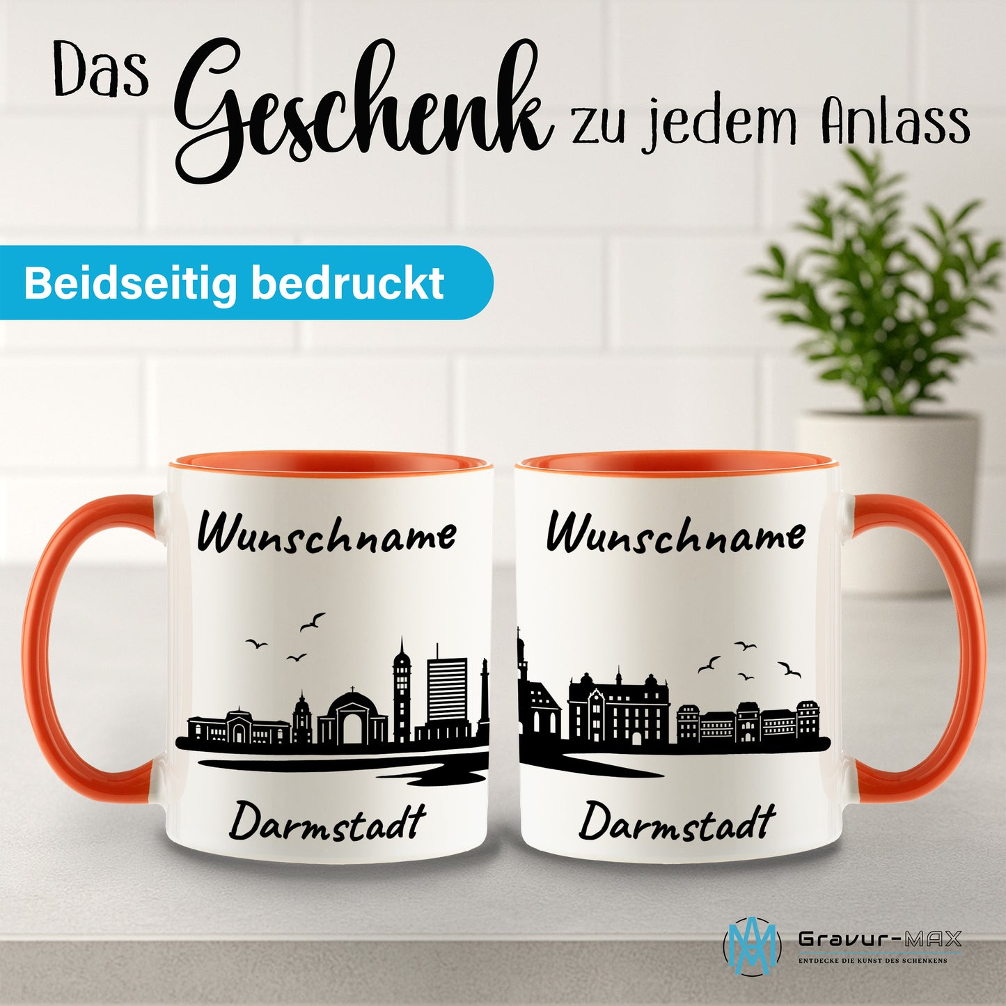 Tasse in Orange 330ml bedruckt mit der Skyline von Darmstadt personalisierbar mit Wunschname