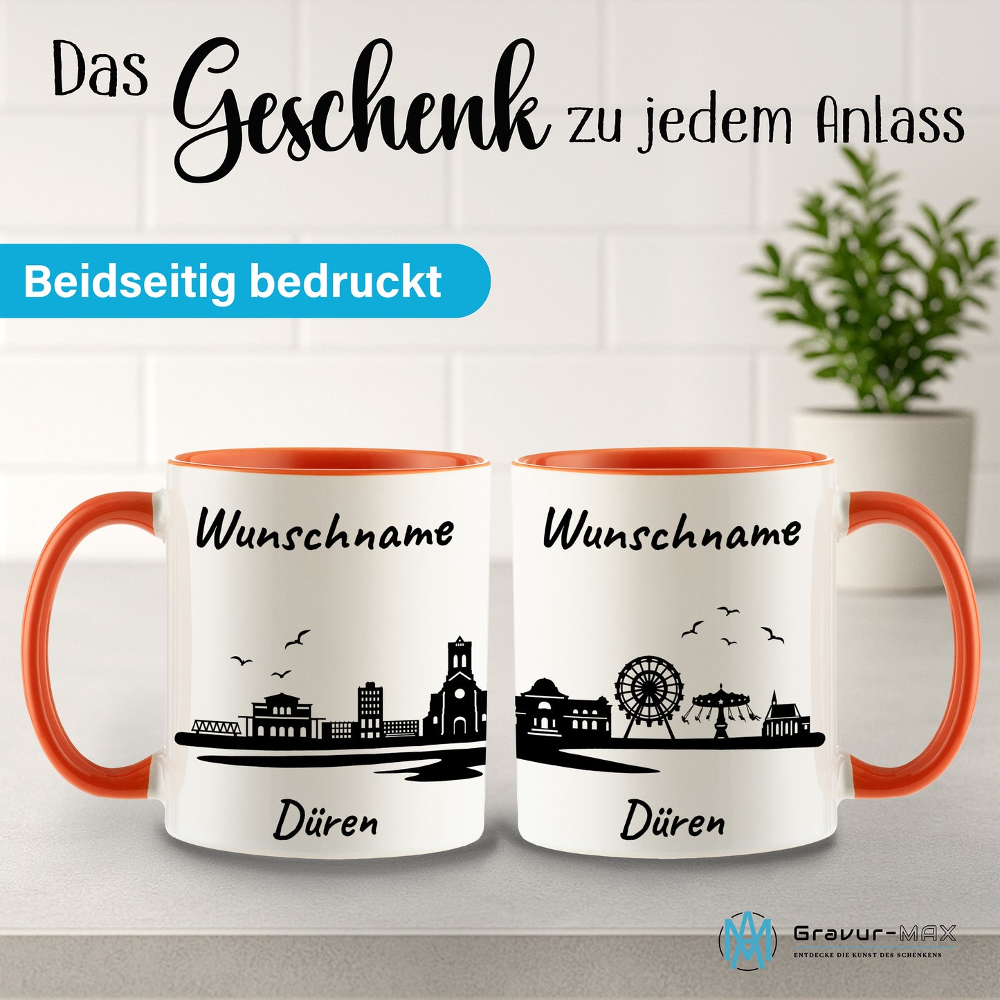 Tasse in Orange 330ml bedruckt mit der Skyline von Düren personalisierbar mit Wunschname