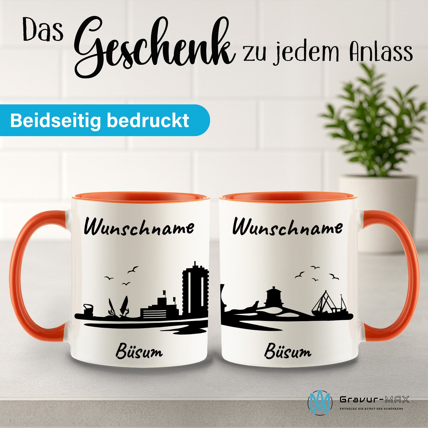 Tasse in Orange 330ml bedruckt mit der Skyline von Büsum personalisierbar mit Wunschname