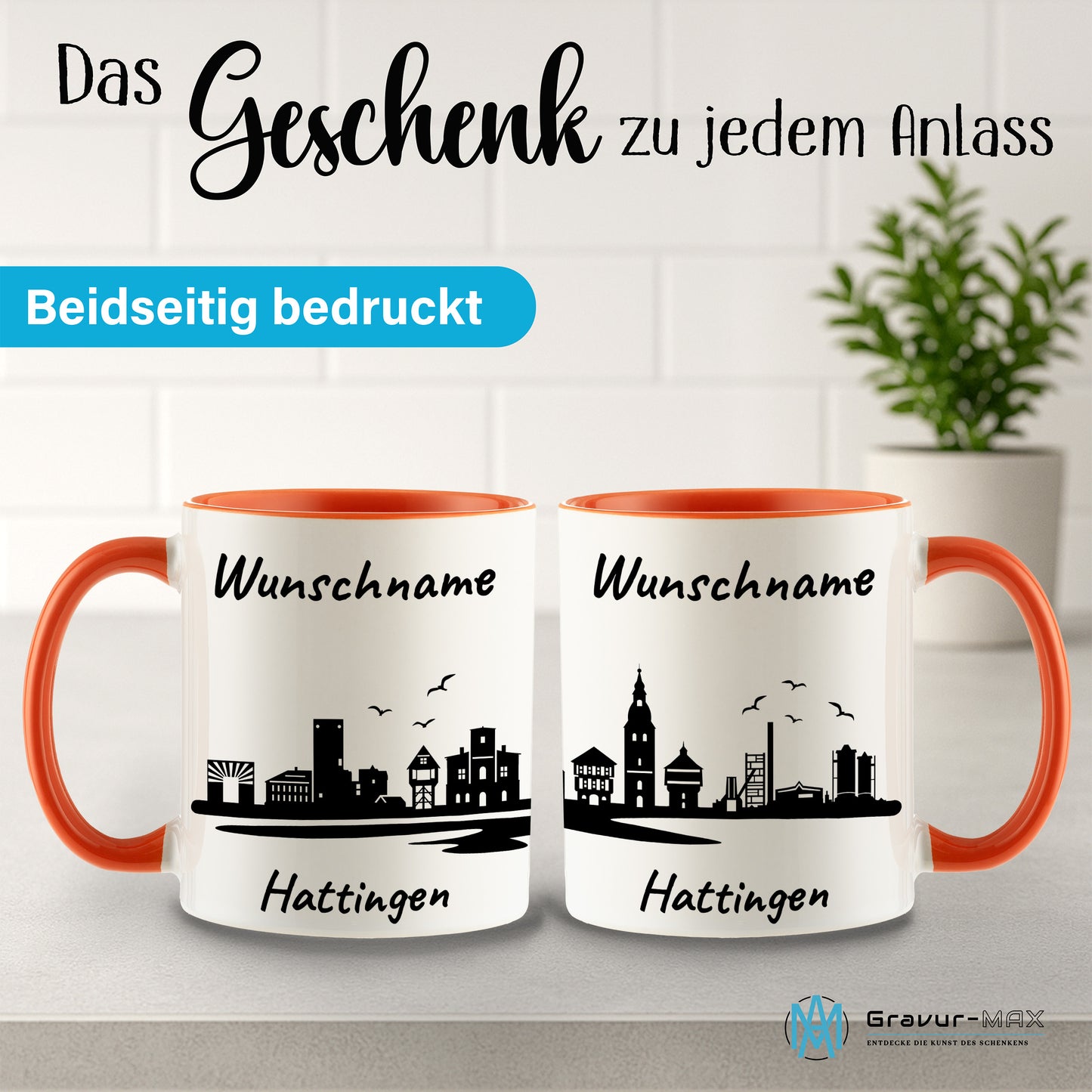 Tasse in Orange 330ml bedruckt mit der Skyline von Hattingen personalisierbar mit Wunschname