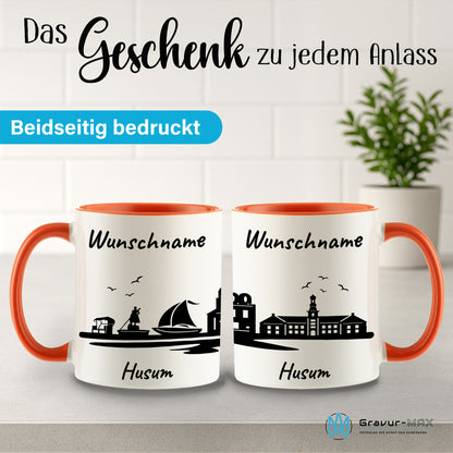 Tasse in Orange 330ml bedruckt mit der Skyline von Husum personalisierbar mit Wunschname