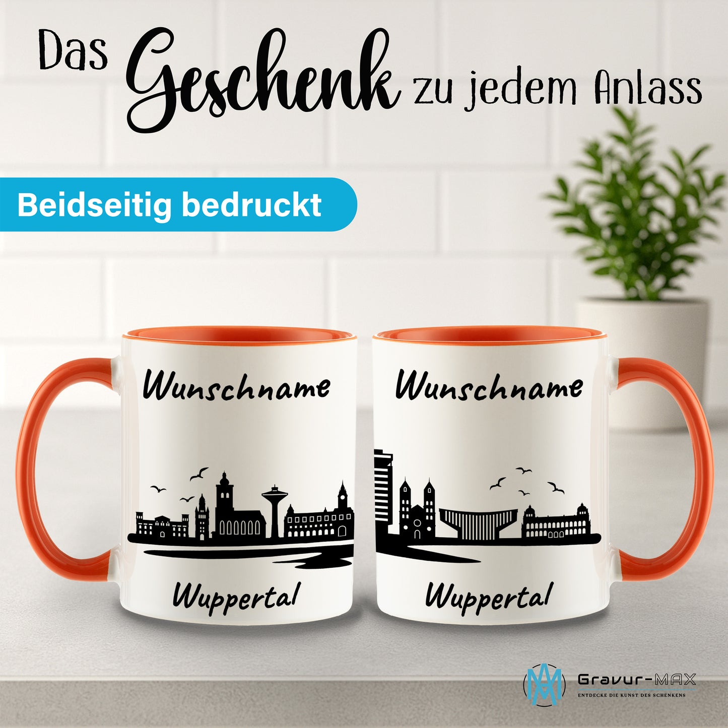 Tasse in Orange 330ml bedruckt mit der Skyline von Wuppertal personalisierbar mit Wunschname