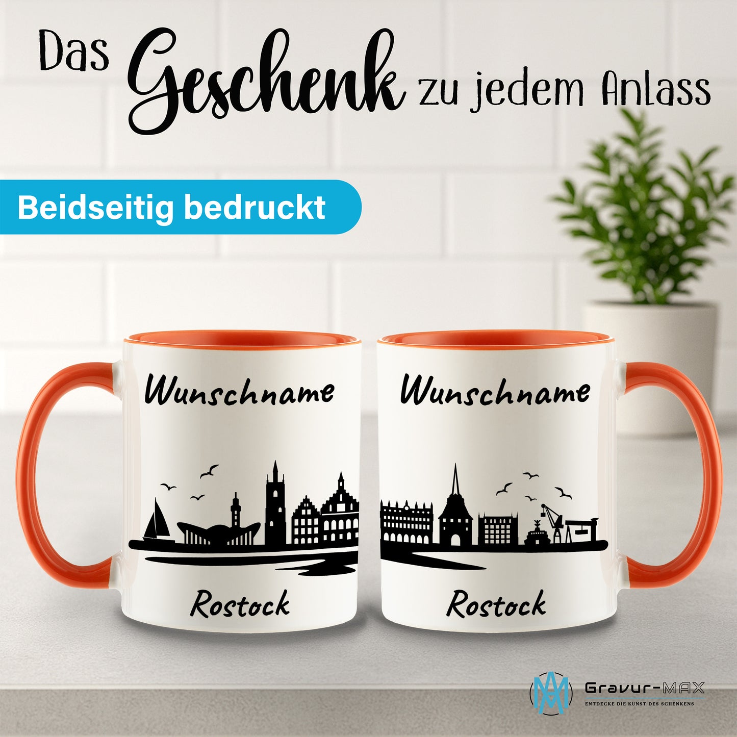 Tasse in Orange 330ml bedruckt mit der Skyline von Rostock personalisierbar mit Wunschname