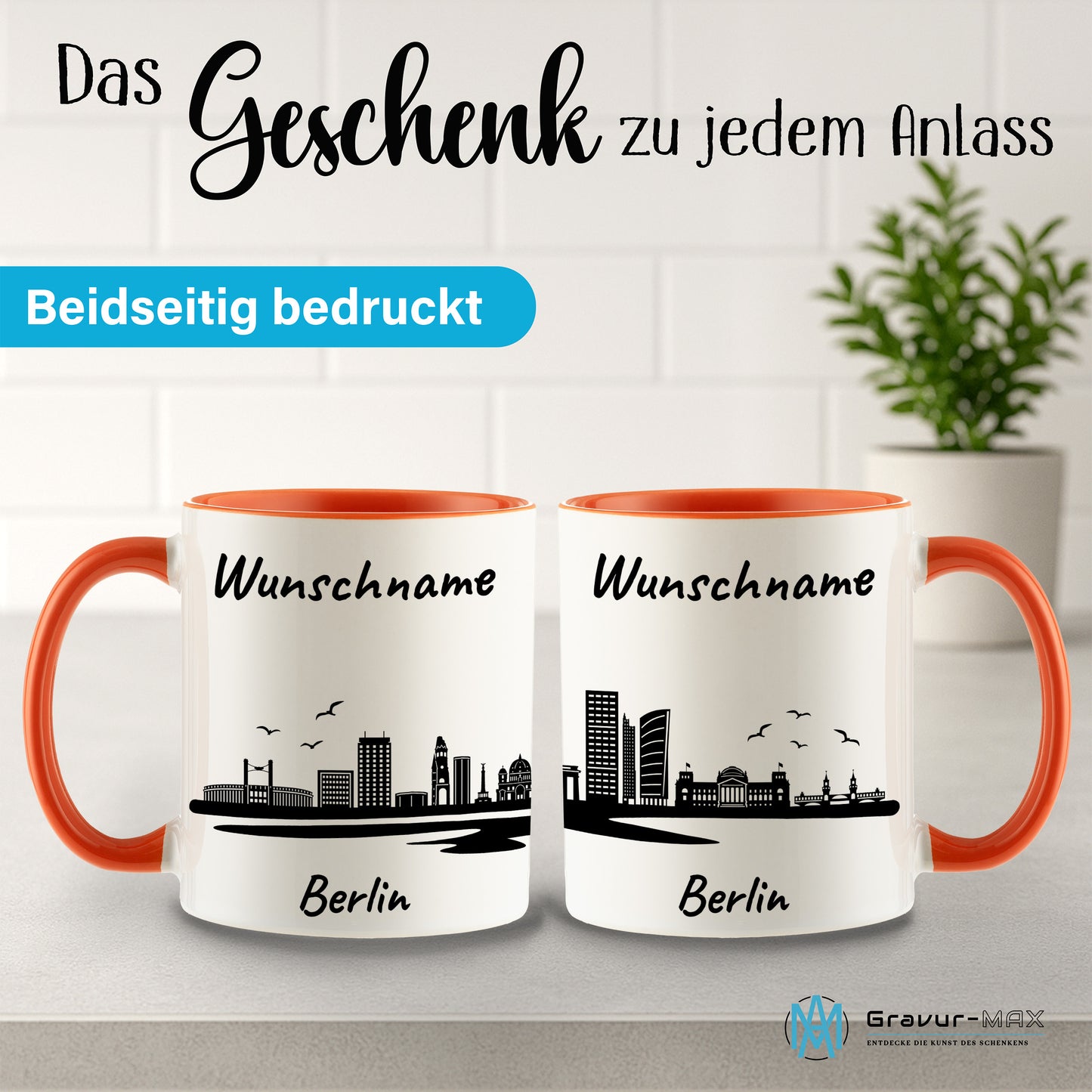 Tasse in Orange 330ml bedruckt mit der Skyline von Berlin personalisierbar mit Wunschname
