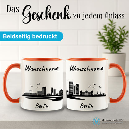 Tasse in Orange 330ml bedruckt mit der Skyline von Berlin personalisierbar mit Wunschname