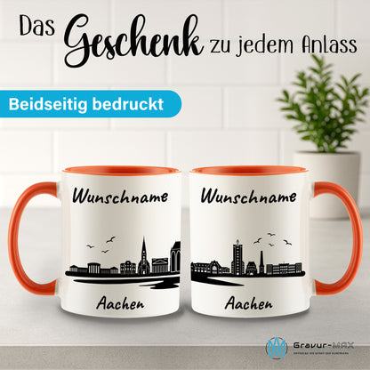 Tasse in Orange 330ml bedruckt mit der Skyline von Aachen personalisierbar mit Wunschname