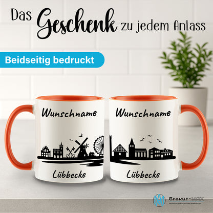 Tasse in Orange 330ml bedruckt mit der Skyline von Lübbecke personalisierbar mit Wunschname