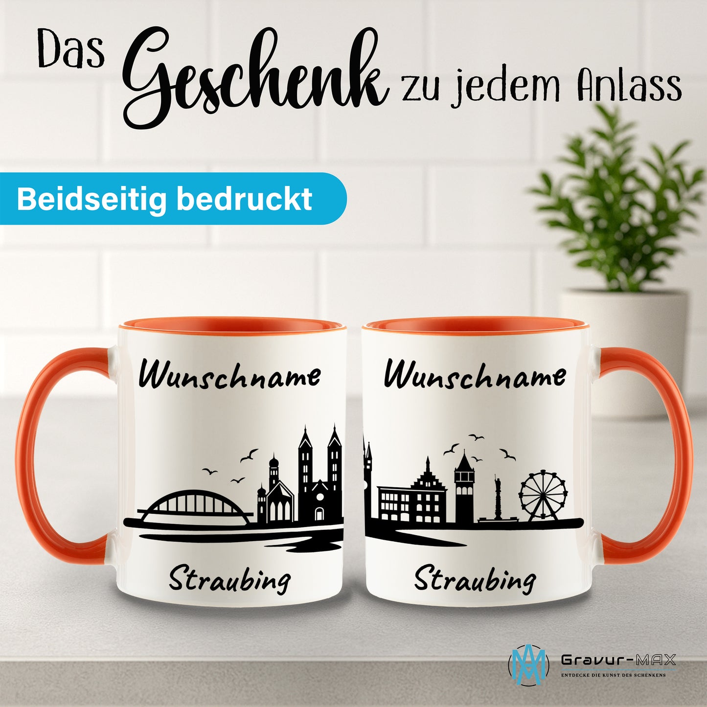 Tasse in Orange 330ml bedruckt mit der Skyline von Straubing personalisierbar mit Wunschname