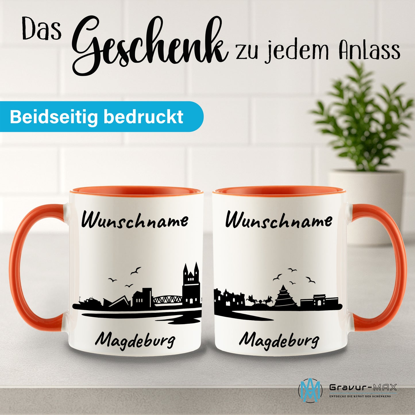 Tasse in Orange 330ml bedruckt mit der Skyline von Magdeburg personalisierbar mit Wunschname