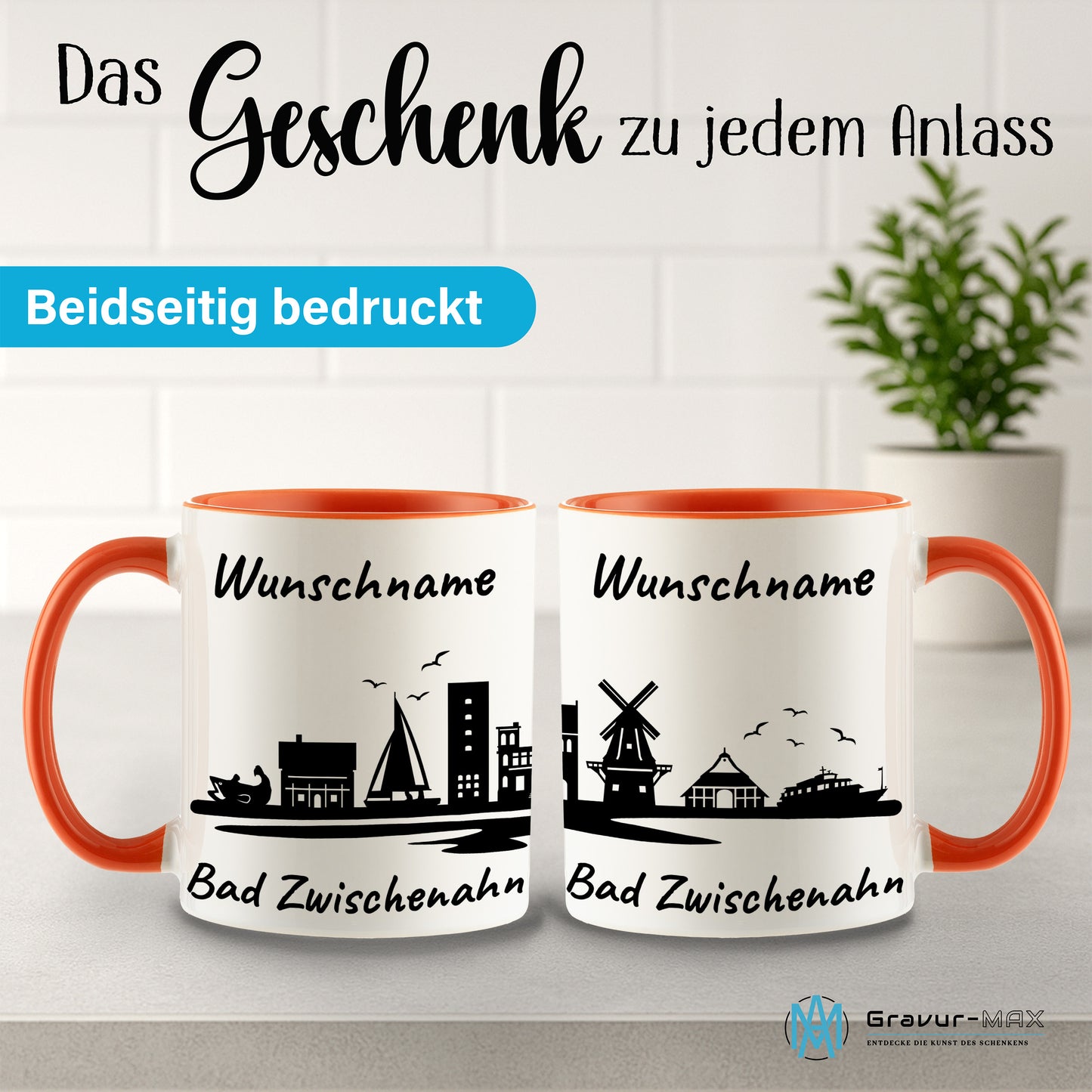 Tasse in Orange 330ml bedruckt mit der Skyline von Bad Zwischenahn personalisierbar mit Wunschname