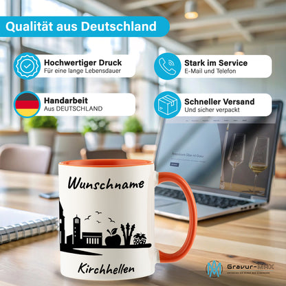 Tasse in Orange 330ml bedruckt mit der Skyline von Kirchhellen personalisierbar mit Wunschname