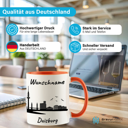 Tasse in Orange 330ml bedruckt mit der Skyline von Duisburg personalisierbar mit Wunschname