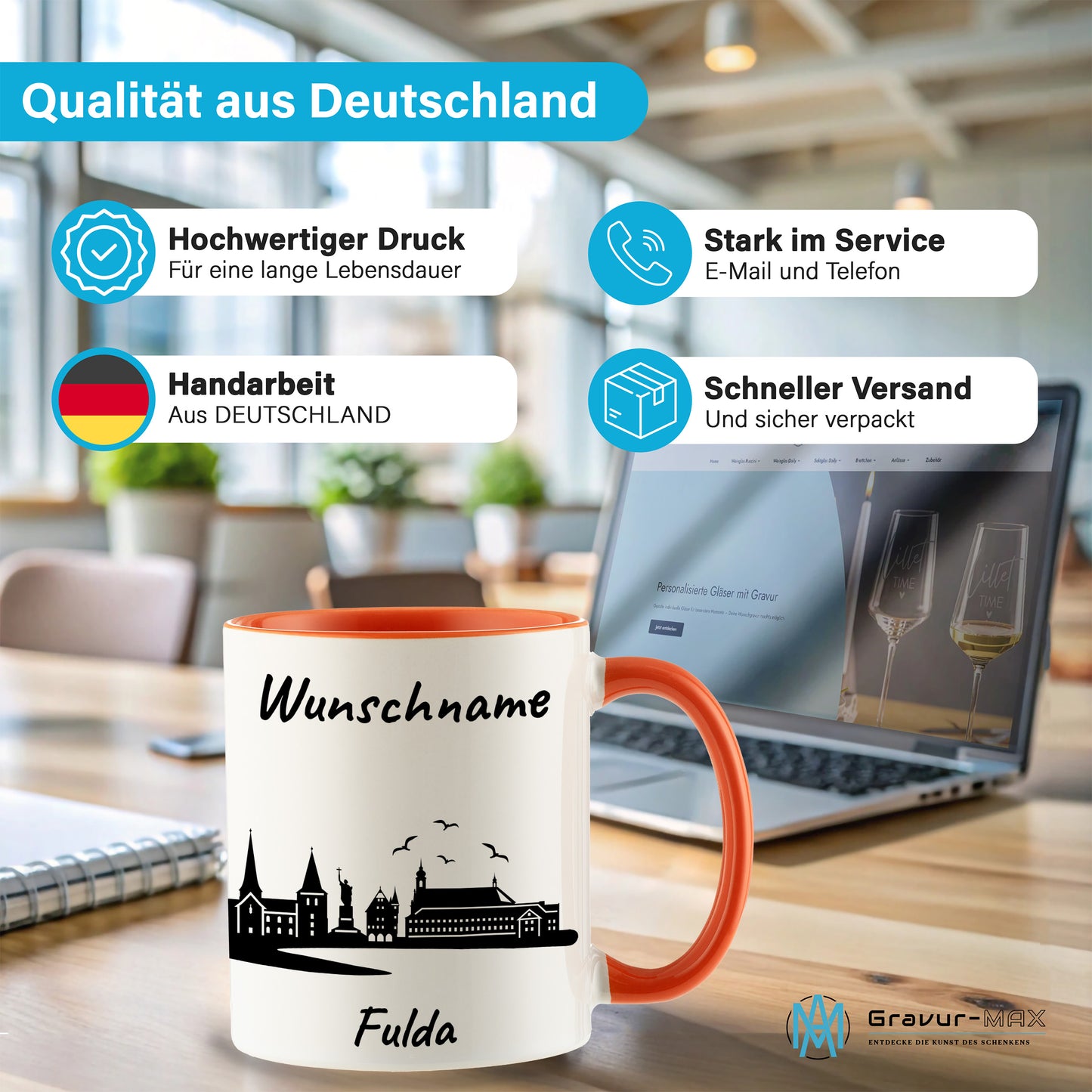 Tasse in Orange 330ml bedruckt mit der Skyline von Fulda personalisierbar mit Wunschname