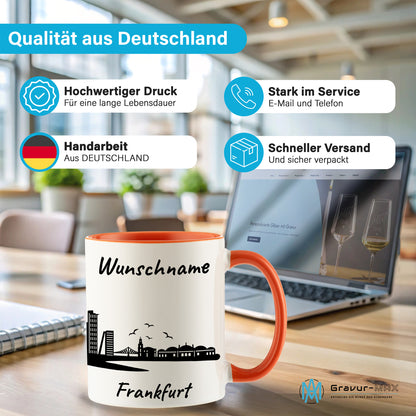 Tasse in Orange 330ml bedruckt mit der Skyline von Frankfurt personalisierbar mit Wunschname