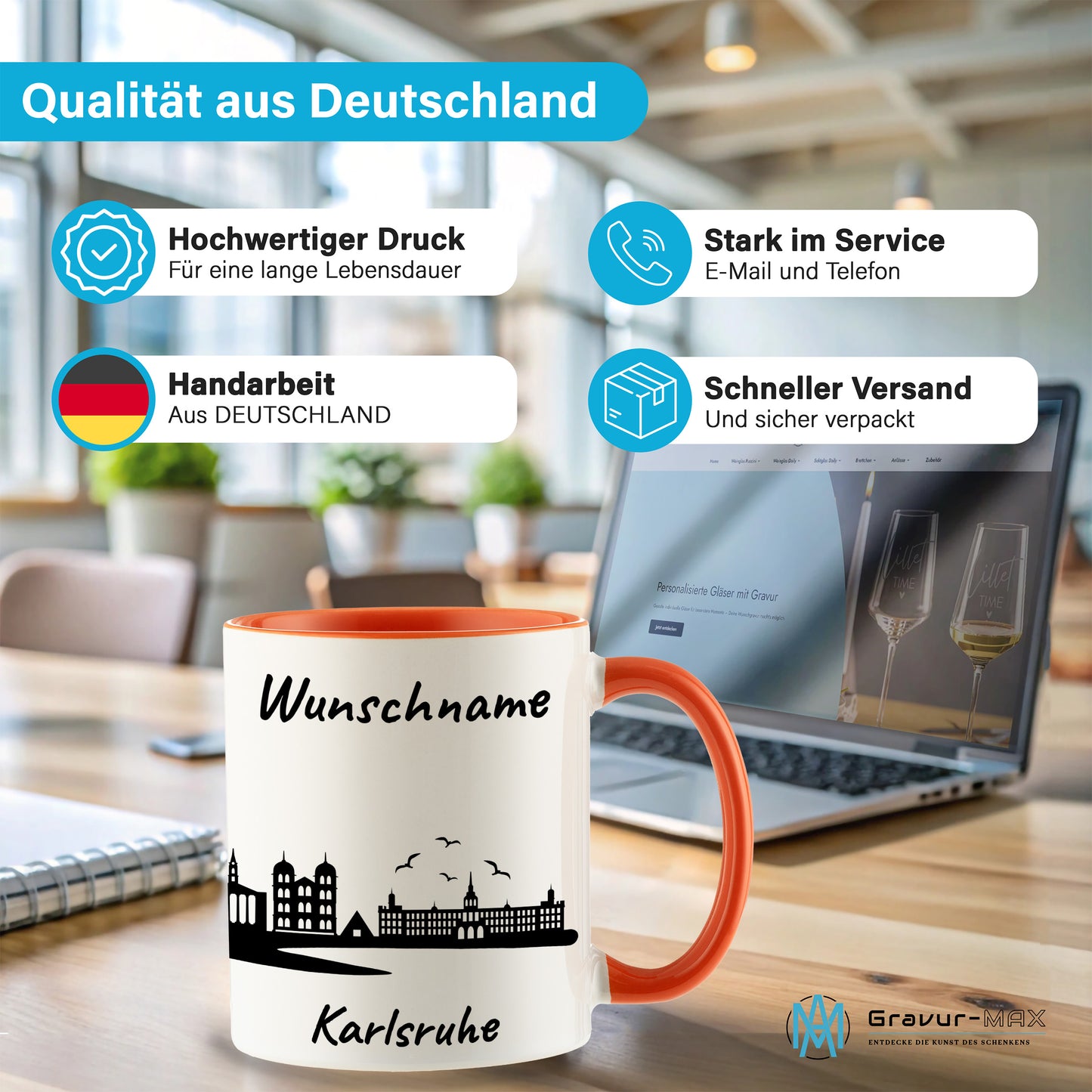 Tasse in Orange 330ml bedruckt mit der Skyline von Karlsruhe personalisierbar mit Wunschname