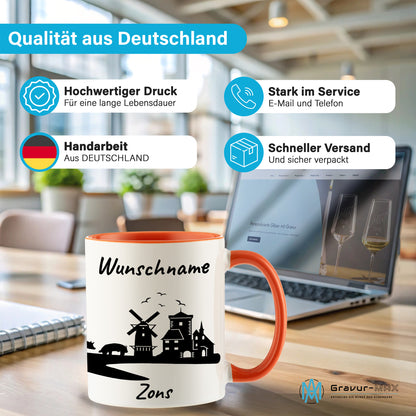 Tasse in Orange 330ml bedruckt mit der Skyline von Zons (Dormagen) personalisierbar mit Wunschname