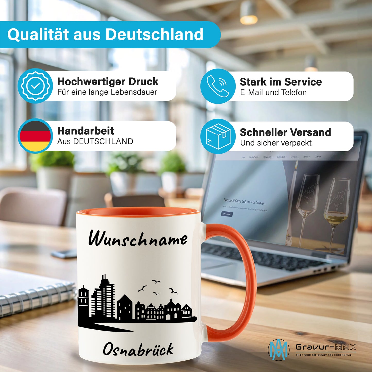 Tasse in Orange 330ml bedruckt mit der Skyline von Osnabrück personalisierbar mit Wunschname