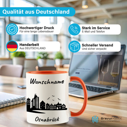 Tasse in Orange 330ml bedruckt mit der Skyline von Osnabrück personalisierbar mit Wunschname