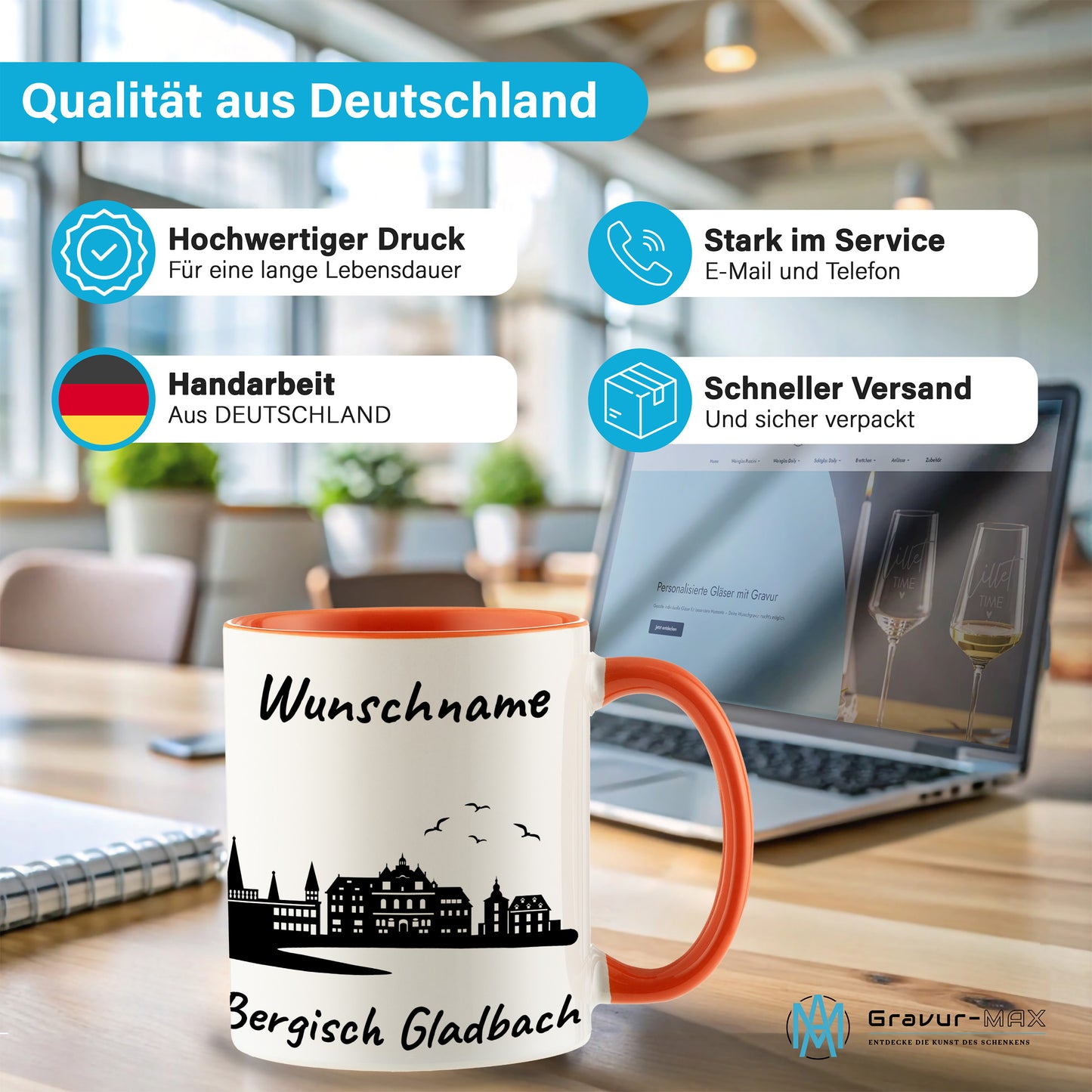Tasse in Orange 330ml bedruckt mit der Skyline von Bergisch Gladbach personalisierbar mit Wunschname