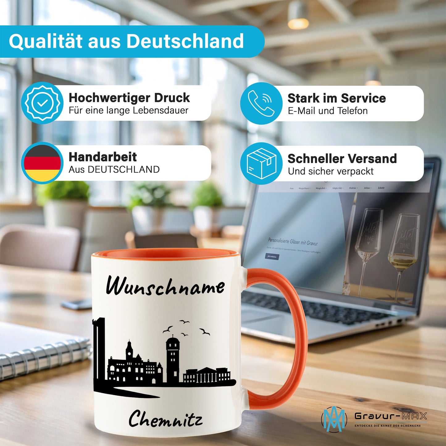 Tasse in Orange 330ml bedruckt mit der Skyline von Chemnitz personalisierbar mit Wunschname