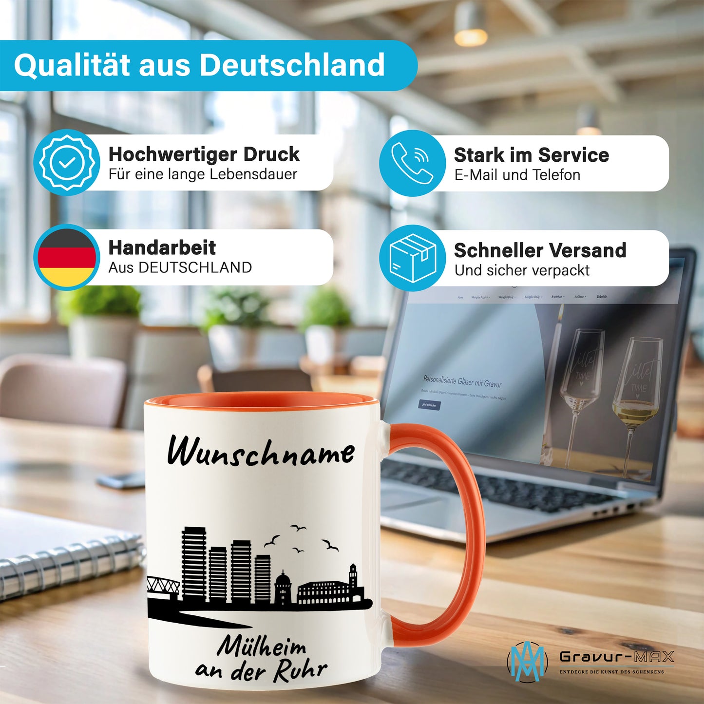 Tasse in Orange 330ml bedruckt mit der Skyline von Mülheim an der Ruhr personalisierbar mit Wunschname
