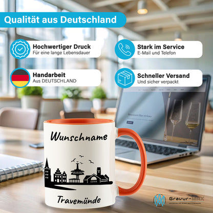 Tasse in Orange 330ml bedruckt mit der Skyline von Travemünde personalisierbar mit Wunschname