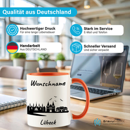 Tasse in Orange 330ml bedruckt mit der Skyline von Lübeck personalisierbar mit Wunschname