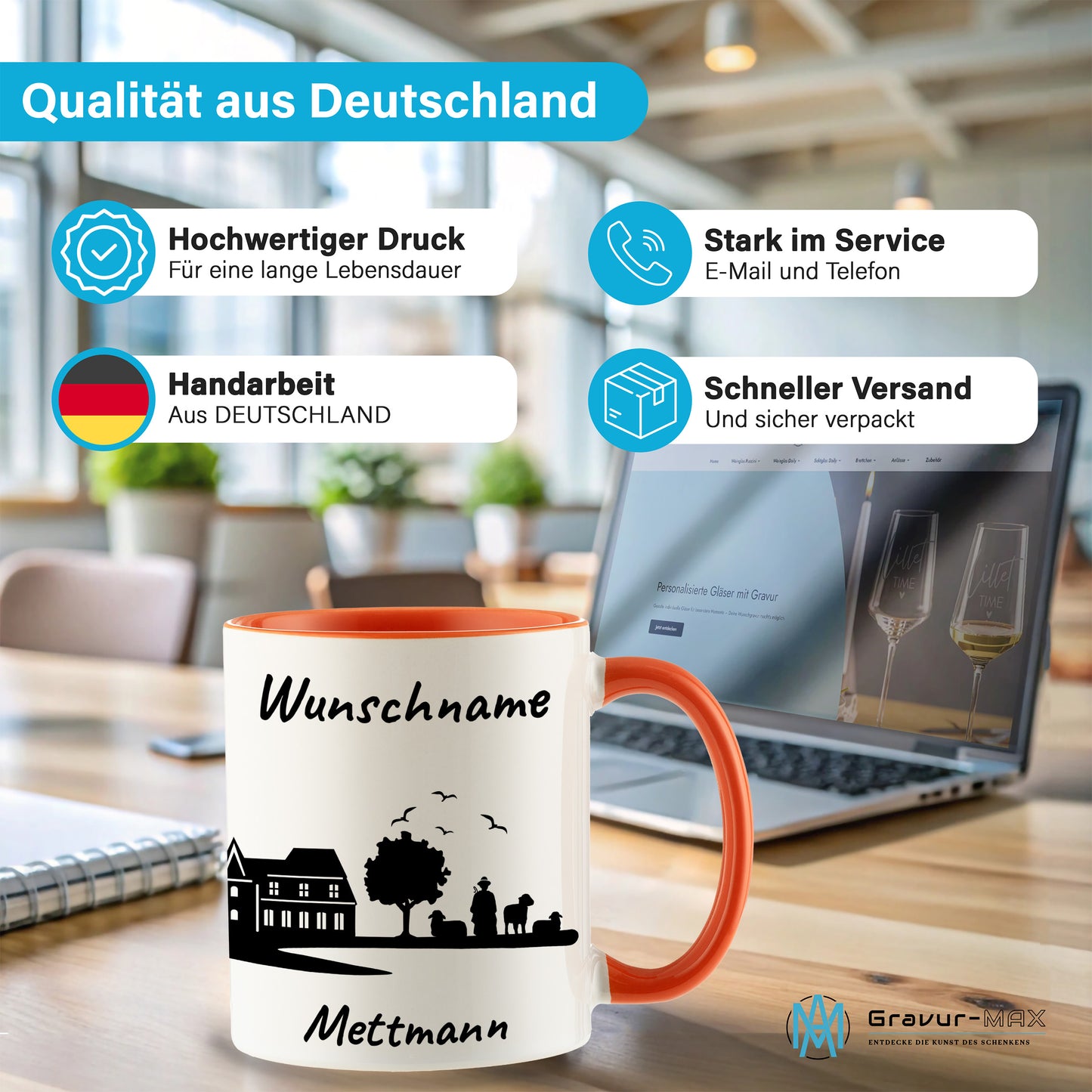 Tasse in Orange 330ml bedruckt mit der Skyline von Mettmann personalisierbar mit Wunschname