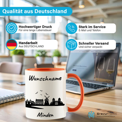 Tasse in Orange 330ml bedruckt mit der Skyline von Minden personalisierbar mit Wunschname