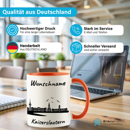 Tasse in Orange 330ml bedruckt mit der Skyline von Kaiserslautern personalisierbar mit Wunschname