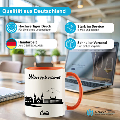 Tasse in Orange 330ml bedruckt mit der Skyline von Celle personalisierbar mit Wunschname
