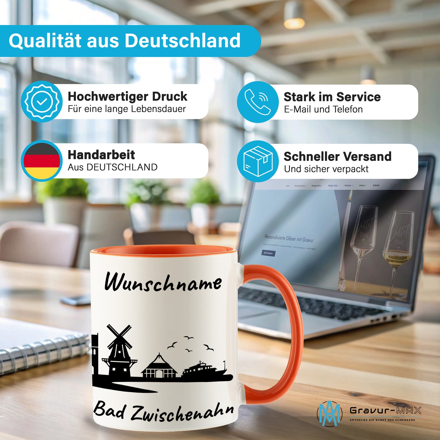 Tasse in Orange 330ml bedruckt mit der Skyline von Bad Zwischenahn personalisierbar mit Wunschname