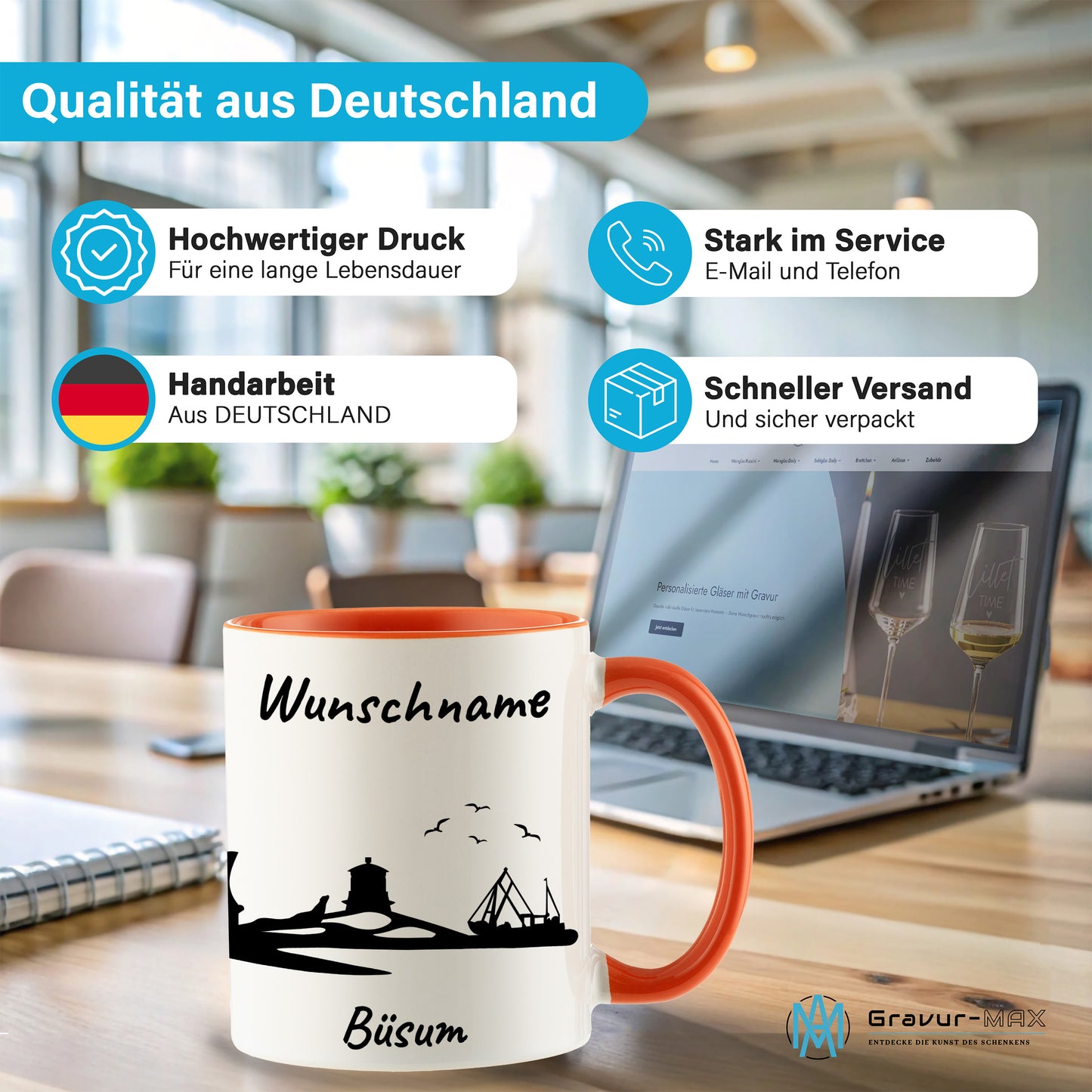 Tasse in Orange 330ml bedruckt mit der Skyline von Büsum personalisierbar mit Wunschname