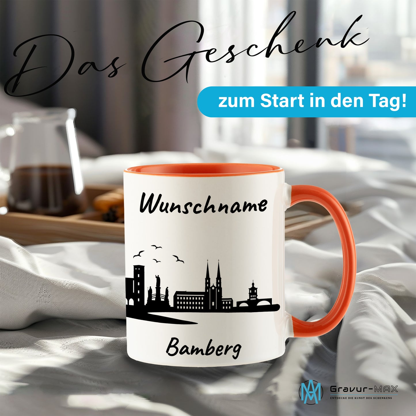 Tasse in Orange 330ml bedruckt mit der Skyline von Bamberg personalisierbar mit Wunschname