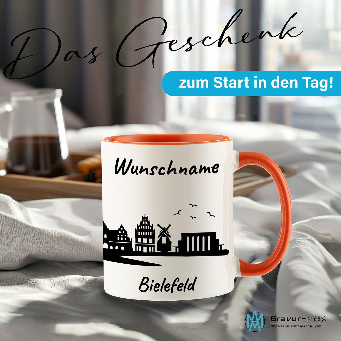 Tasse in Orange 330ml bedruckt mit der Skyline von Bielefeld personalisierbar mit Wunschname