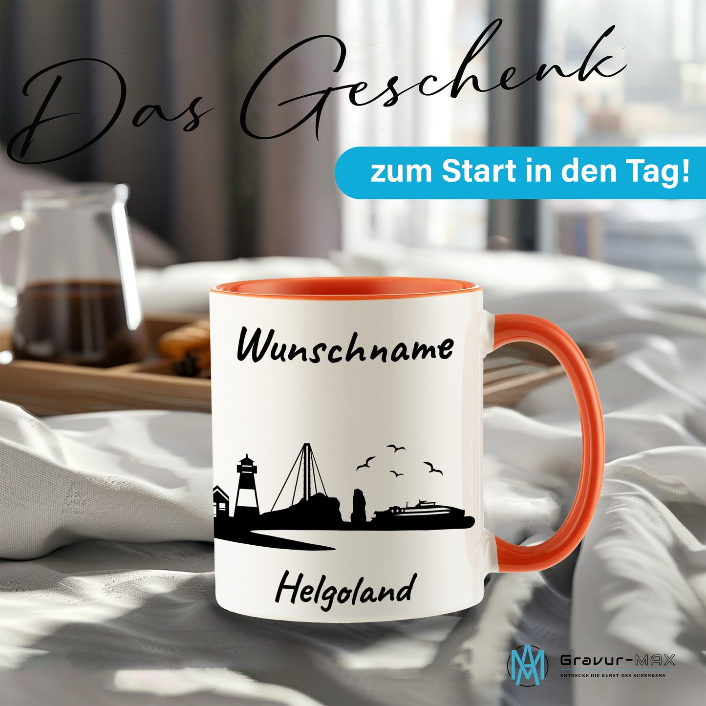 Tasse in Orange 330ml bedruckt mit der Skyline von Helgoland personalisierbar mit Wunschname