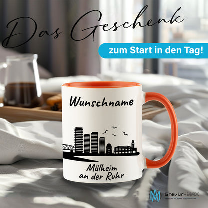 Tasse in Orange 330ml bedruckt mit der Skyline von Mülheim an der Ruhr personalisierbar mit Wunschname