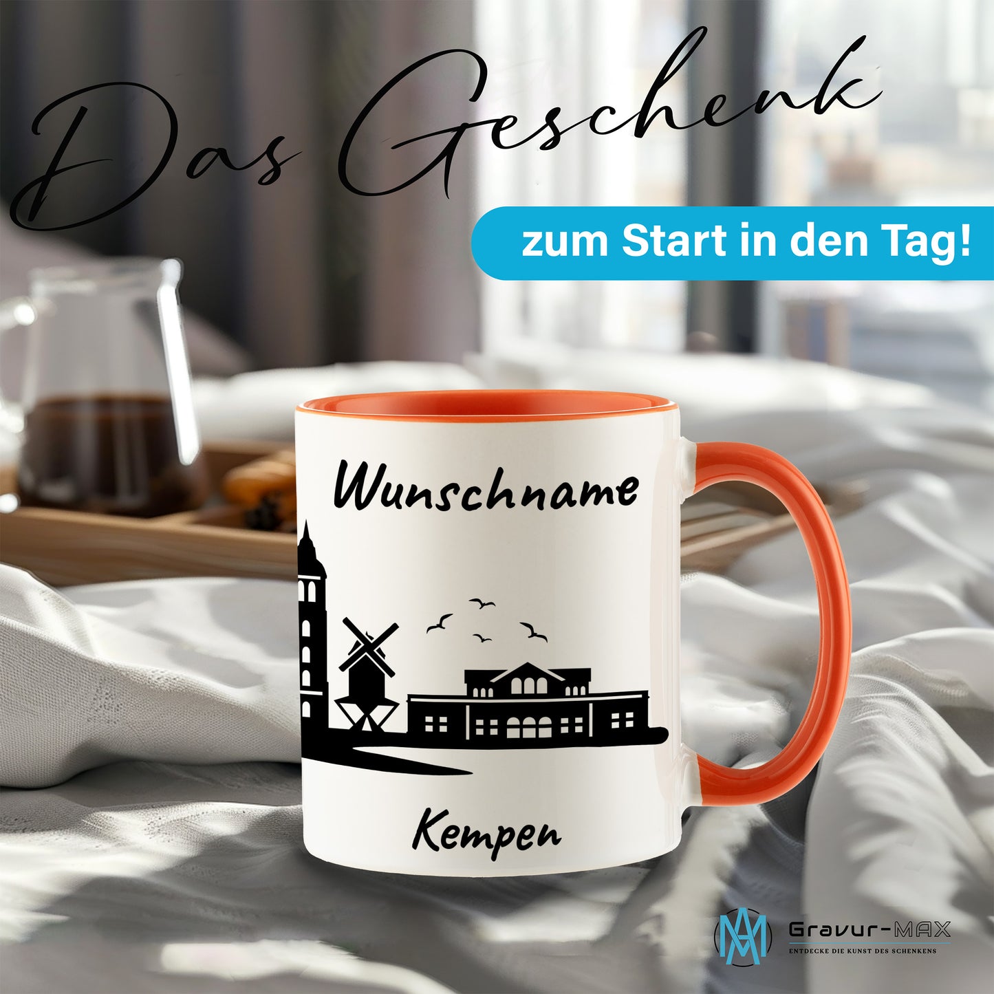 Tasse in Orange 330ml bedruckt mit der Skyline von Kempen personalisierbar mit Wunschname