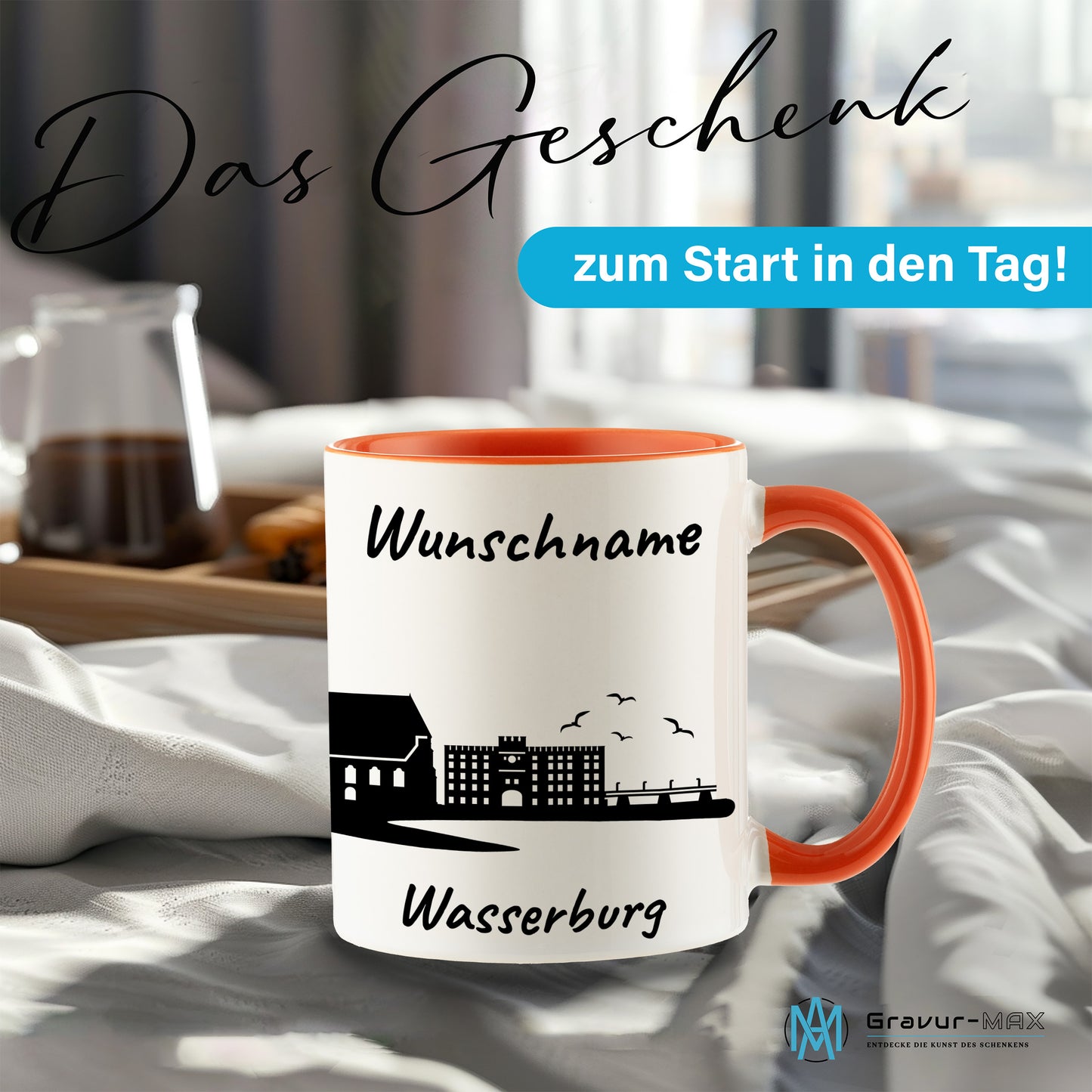 Tasse in Orange 330ml bedruckt mit der Skyline von Wasserburg personalisierbar mit Wunschname