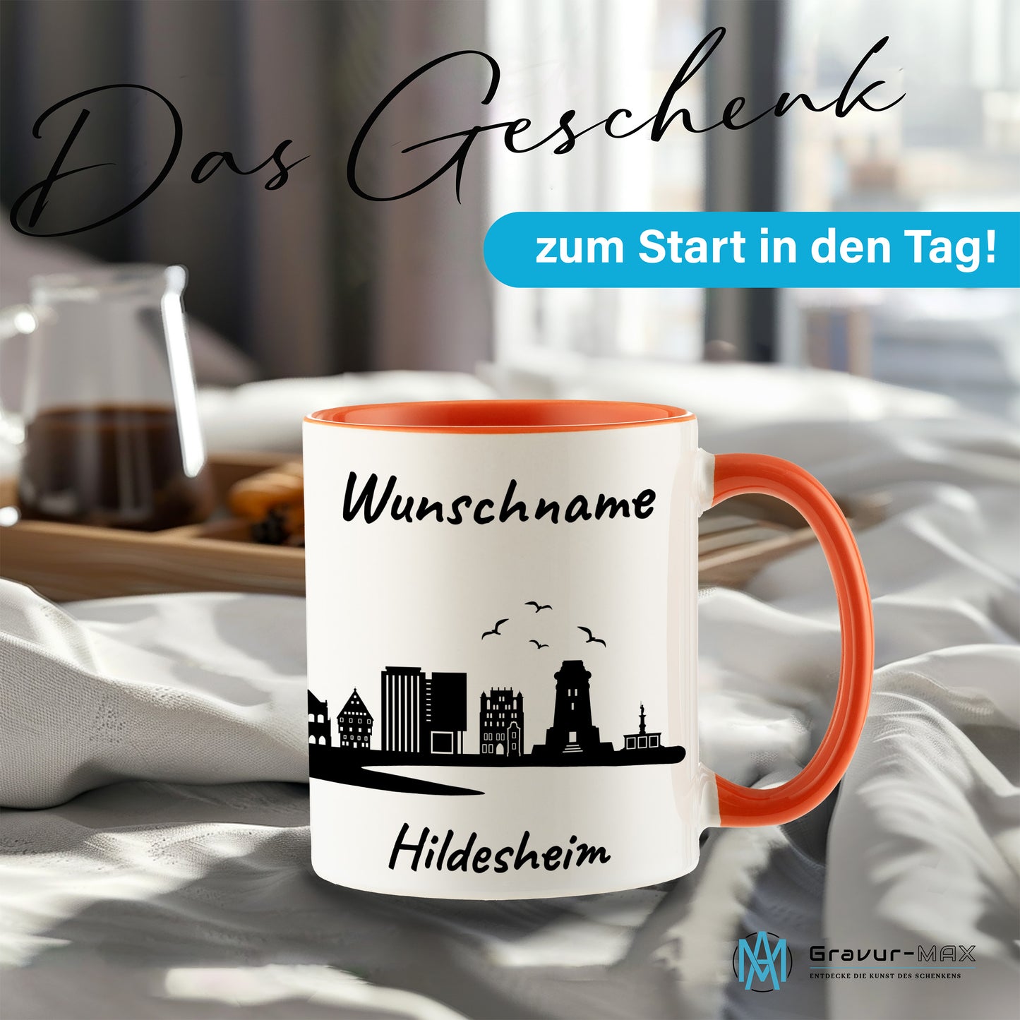 Tasse in Orange 330ml bedruckt mit der Skyline von Hildesheim personalisierbar mit Wunschname